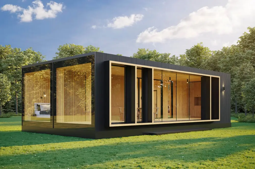Low living container with a timber frame and continuous glazing in a garden