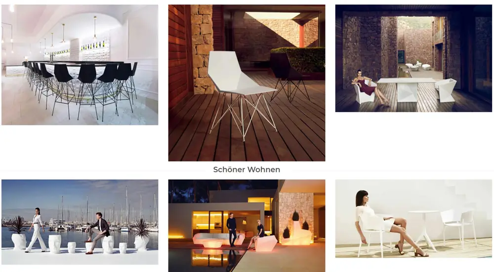 Collage mit Terrassenmöbeln, Leuchten und Sitzbereichen