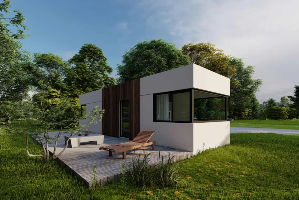 Small garden module with a white canopy and timber terrace on a lawn