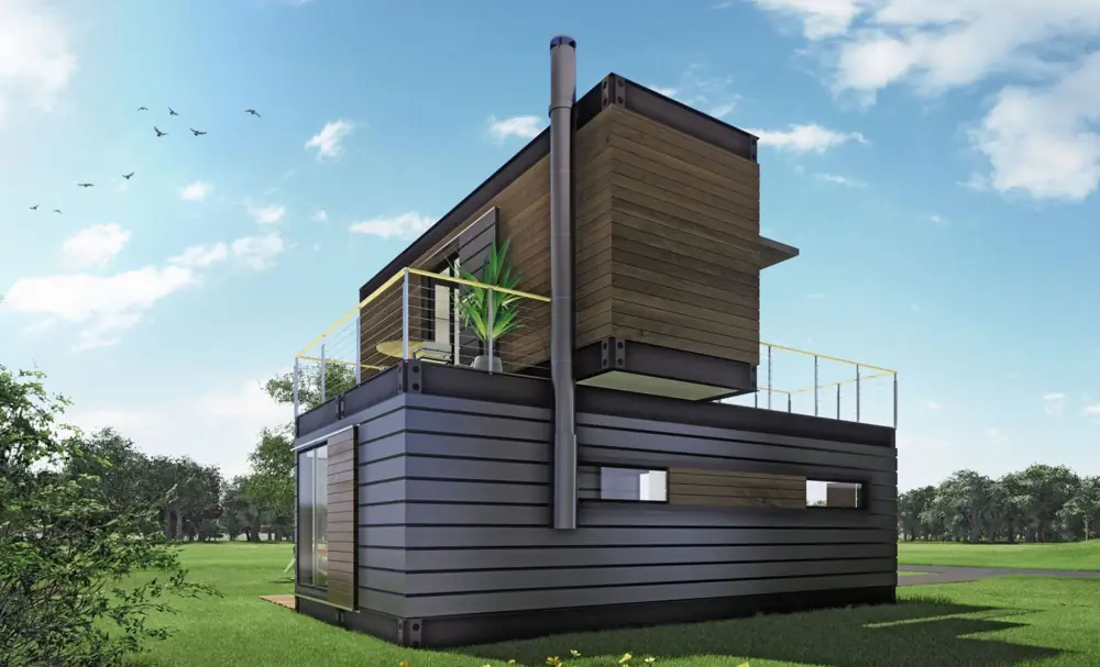 Narrow tiny house with timber cladding and a roof terrace behind a railing