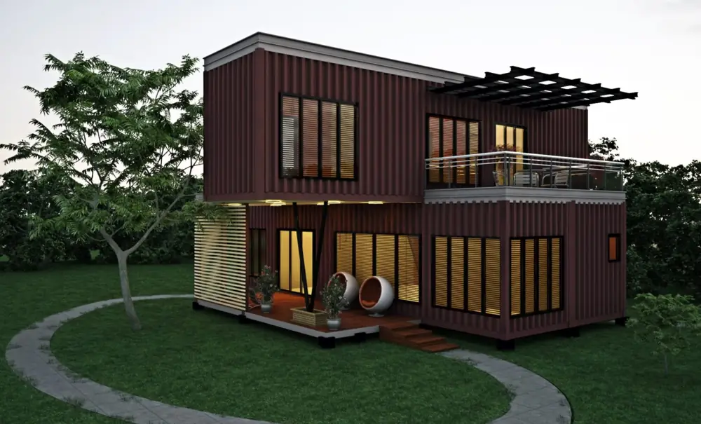 Two-storey brown container home with a pergola in front of the upper windows