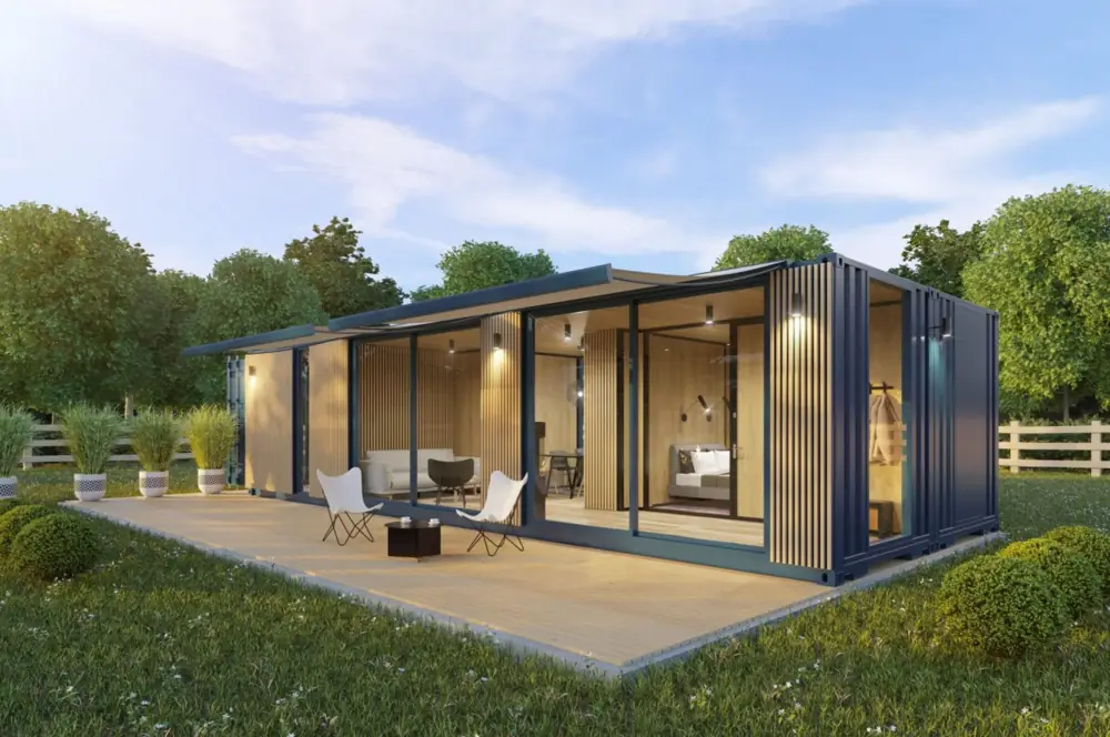 Living container with timber panels and a covered dining area before the glazing