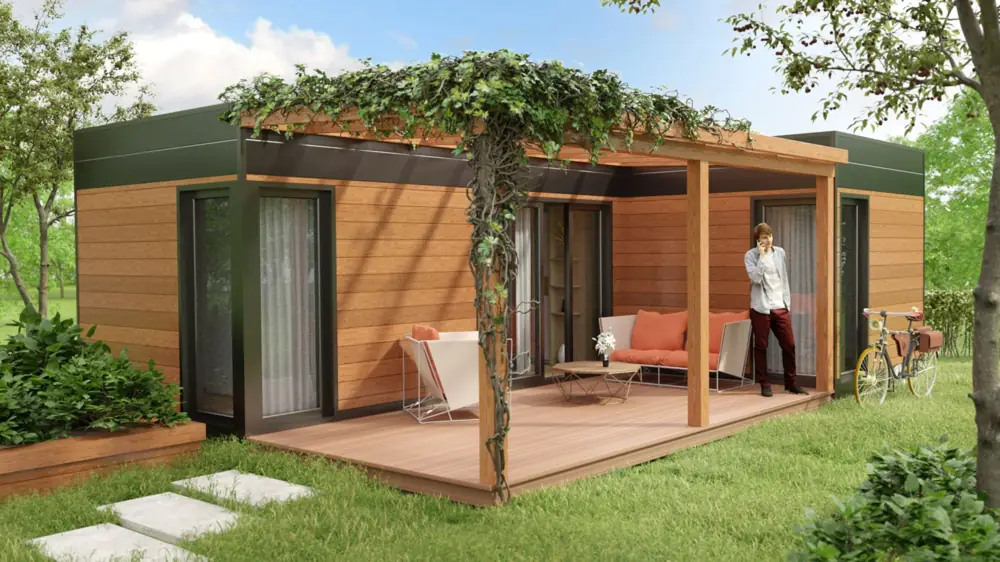 Brown garden house with a red sofa on the veranda and a planted trellis