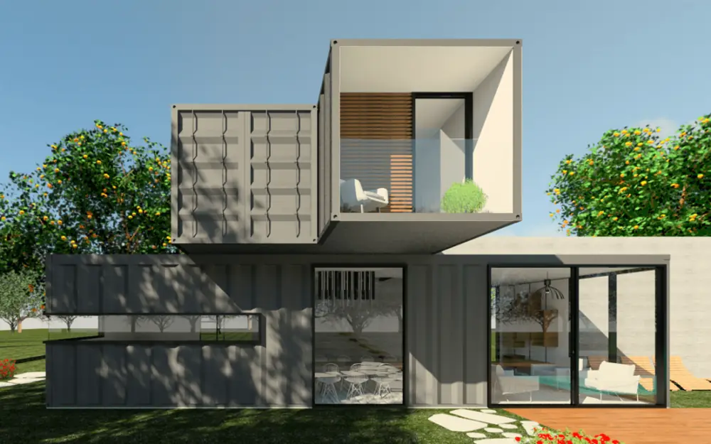 Modulares Containerhaus mit auskragendem Obergeschoss und offener Containertür