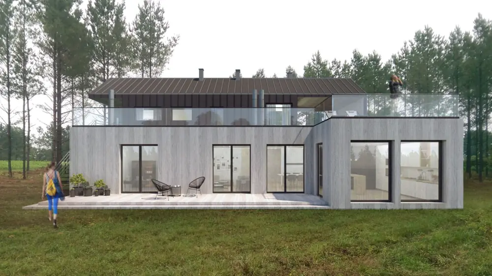 Light two-storey modular home with continuous ground-floor glazing