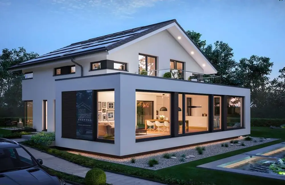 White house extension with large glazing in front of an existing pitched-roof house