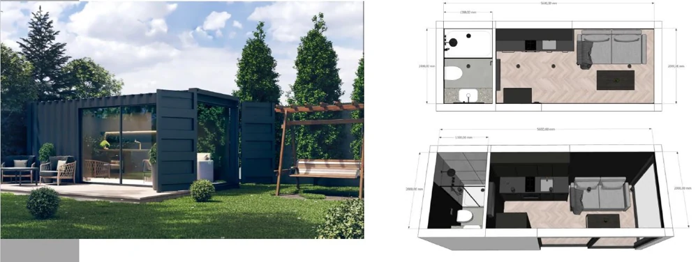 Grüner Wohncontainer mit geöffneten Stirntüren und zwei Grundrisszeichnungen