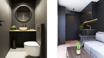 Badansicht mit rundem Spiegel und Wand-WC neben einer Wohnraumansicht