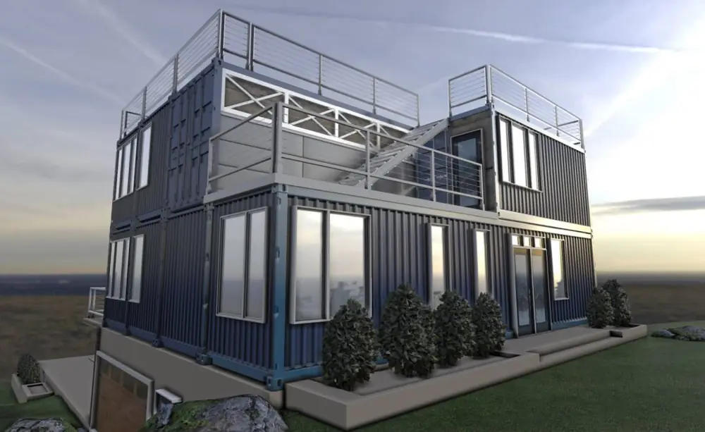 Dunkles Containergebäude auf zwei Ebenen mit Dachterrasse und Geländern
