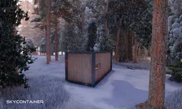 Rückansicht eines holzverkleideten Tiny Houses im Winterwald