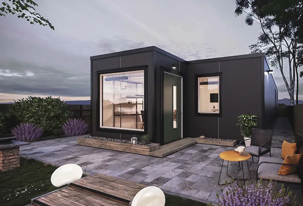Dunkles Eckmodul mit Fensterflächen auf zwei Seiten und möblierter Terrasse