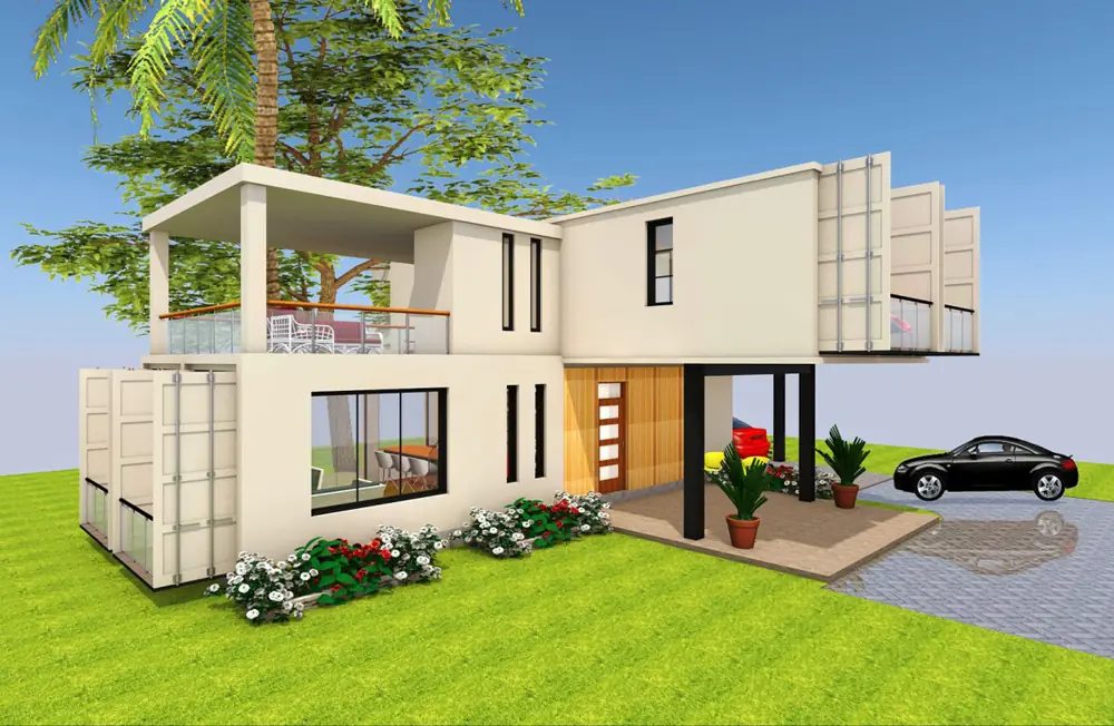 White stacked containers with an open upper floor and a planted terrace