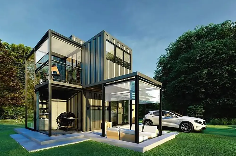 Two-storey tiny house concept with a glazed gable front on an open platform