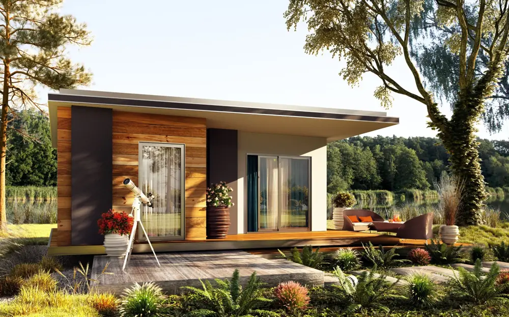 Small garden house with timber cladding, a wide canopy and a side glass entrance