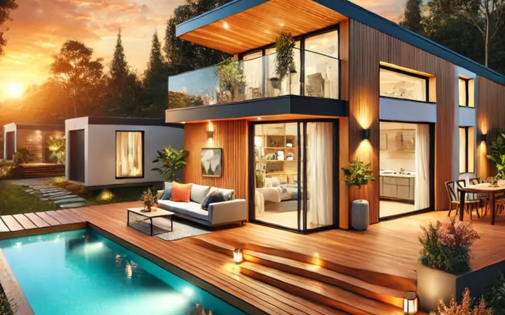 Beleuchtete Containerhaus-Symbolbild mit Terrasse und Pool