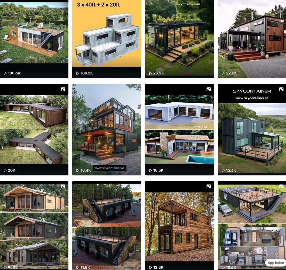 Overview image of different container homes and modular living concepts