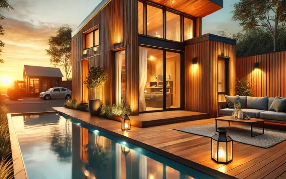 Zweigeschossiges Tiny-House-Konzept mit beleuchteter Holzfassade am Pool