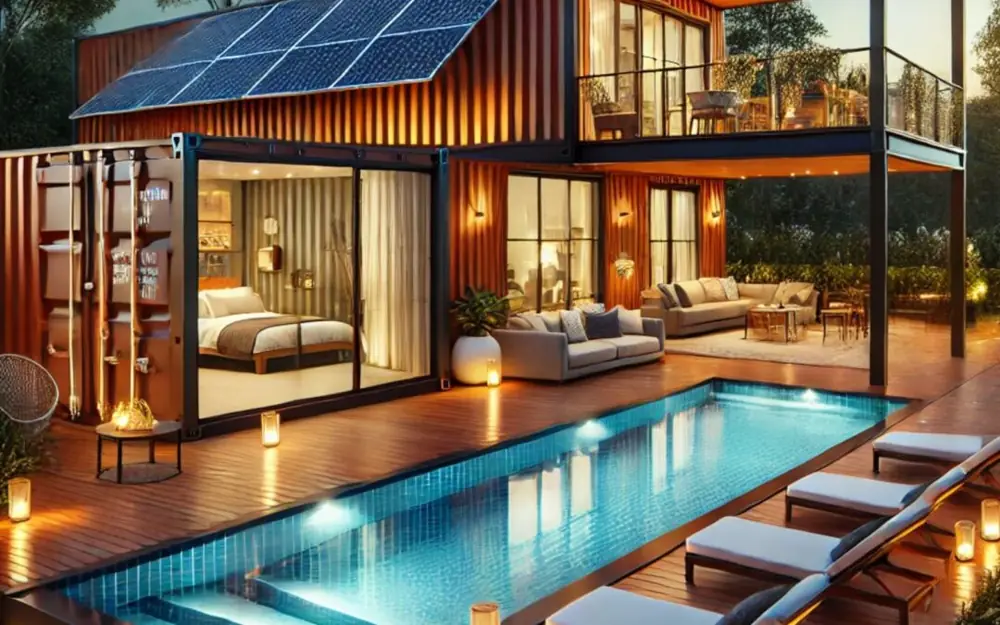Containerhaus am Wasser mit Solarpaneelen auf dem Dach und Holzterrasse