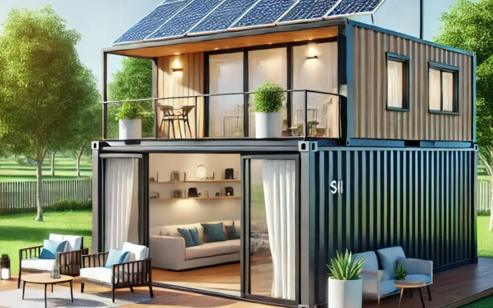 Stacked living containers with a solar roof and balcony in front of the glazing
