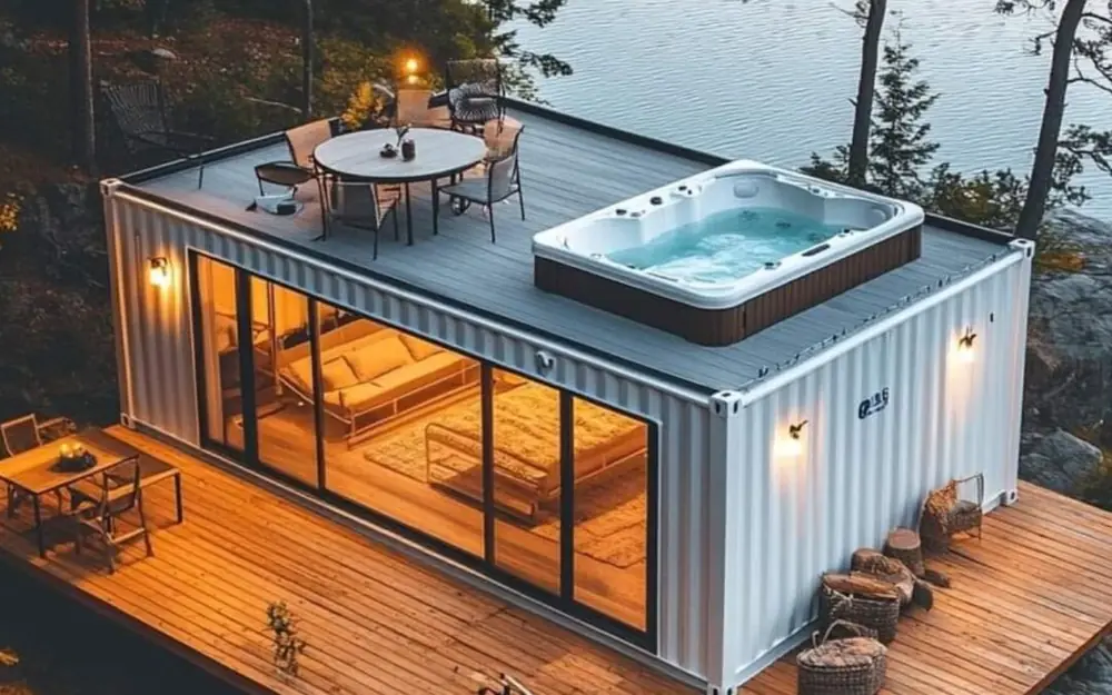Containerhaus mit Holzterrasse und Whirlpool auf dem Dach