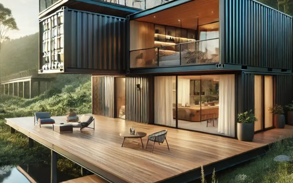 Black container home with side openings and a large timber terrace