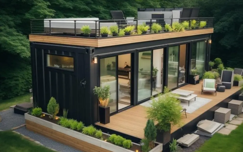 Low living module with glazing, a planted roof and a stepped terrace