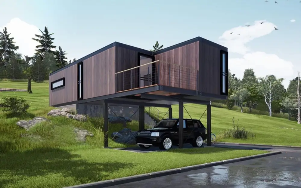 Offset living containers on supports with a vehicle underneath