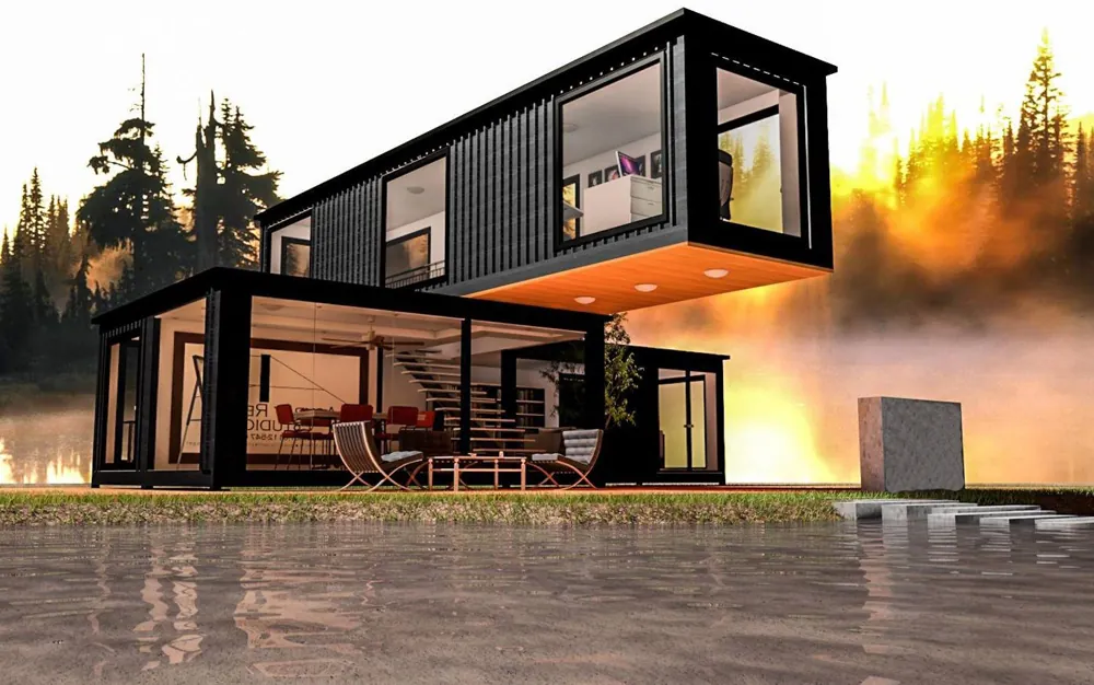 Black container home with a cantilevered upper floor and glazing at sunset