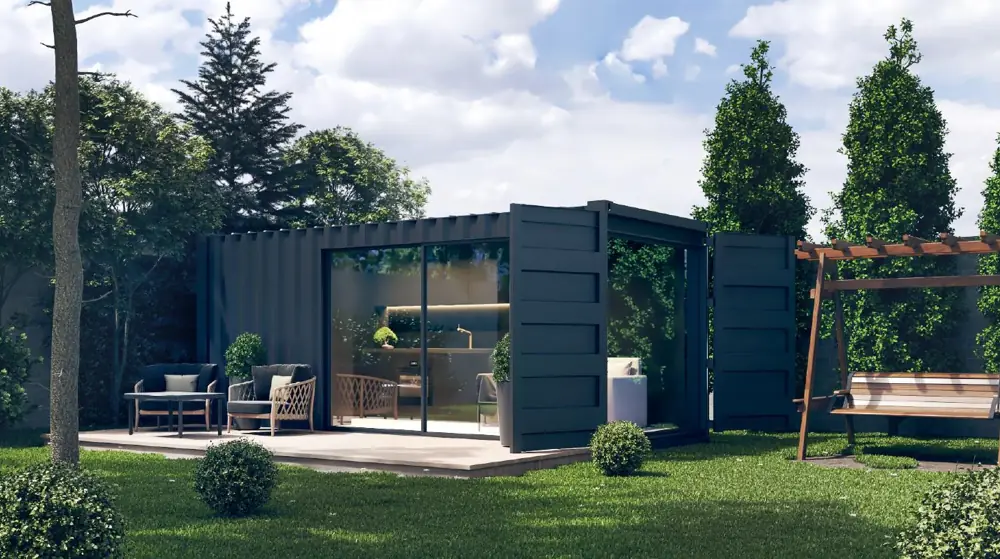 Garden container with open end doors and a terrace among trees