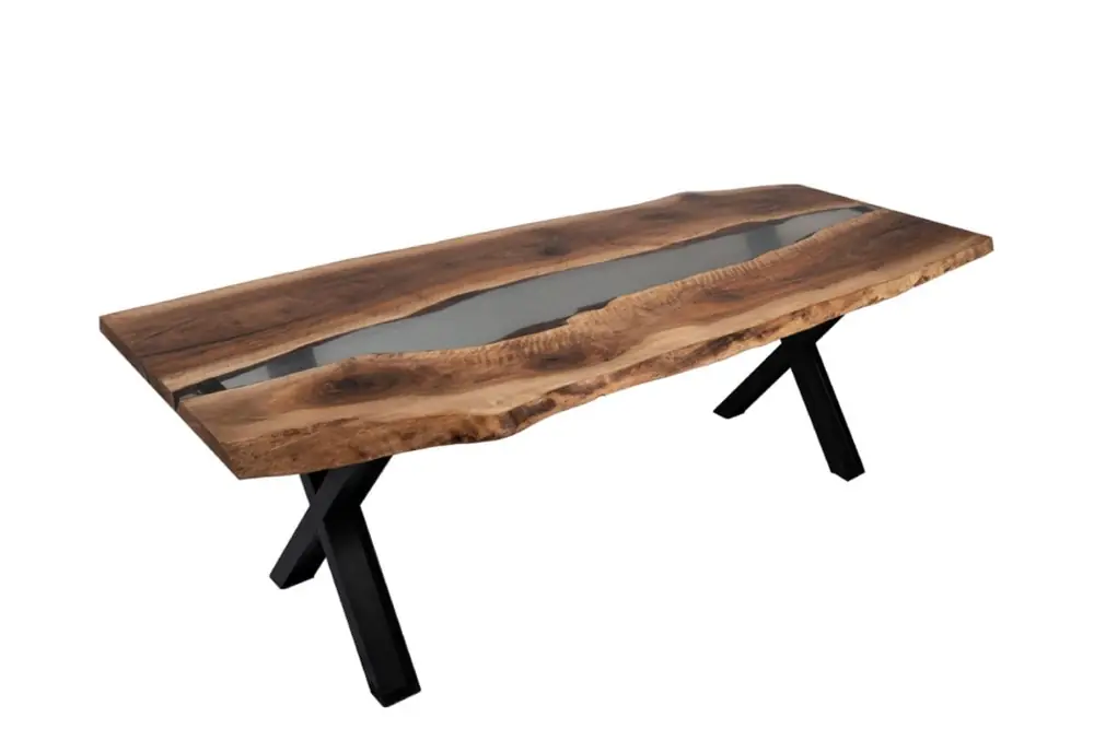 Massiver Holztisch mit Baumkante und schwarzen Beinen