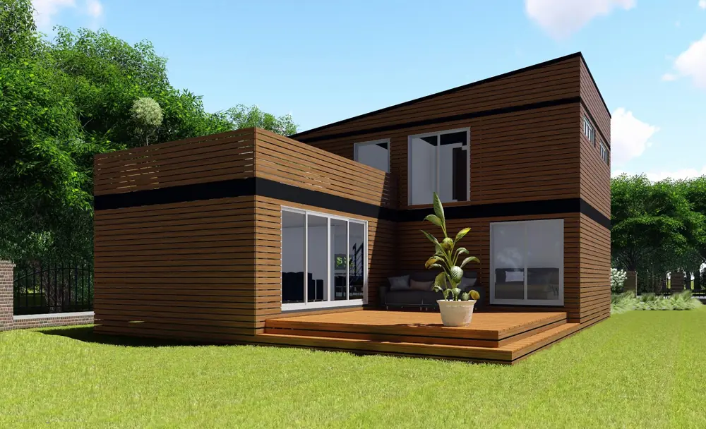 Container home with brown timber cladding and offset floors