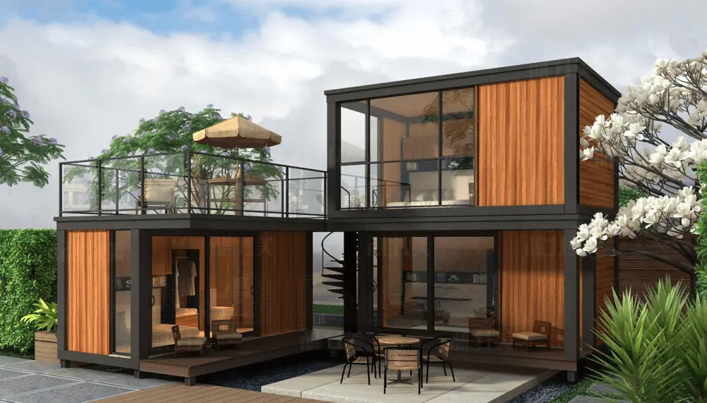Timber-clad container home with a balcony above an open living area