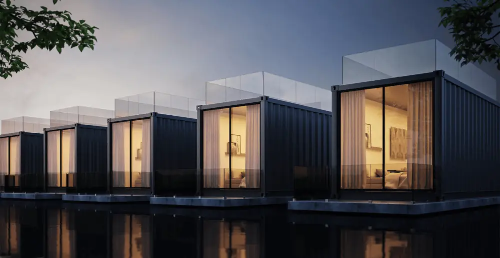 Drei dunkle Wohnmodule mit beleuchteten Glasfronten direkt am Wasser