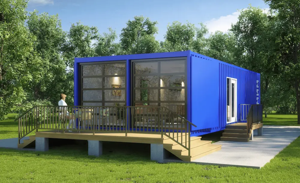 Blue container garden house with a raised terrace and railing