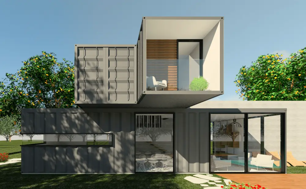 Two-level living container with an upper room box open on one side