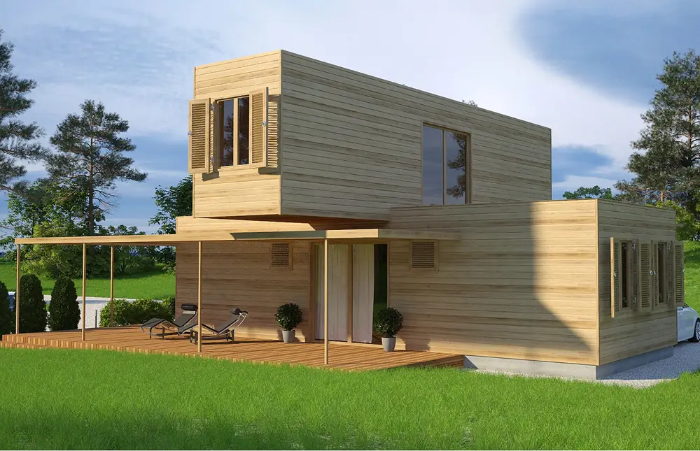 Two-storey timber modular home with a recessed terrace