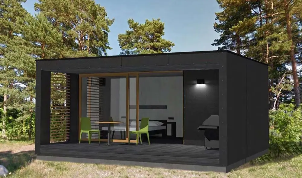 Schwarzer Gartenpavillon mit seitlichen Lamellen und überdachtem Sitzplatz