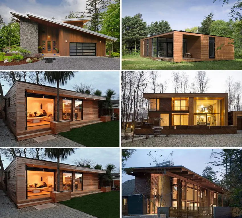 Collage of six exterior views of compact garden and container homes