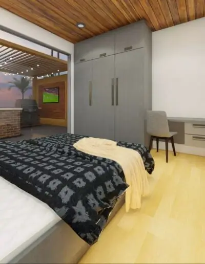 Container bedroom with a double bed, fitted cupboards and a timber ceiling