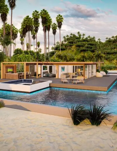 Poolterrasse vor einem flachen Wohncontainer zwischen hohen Palmen