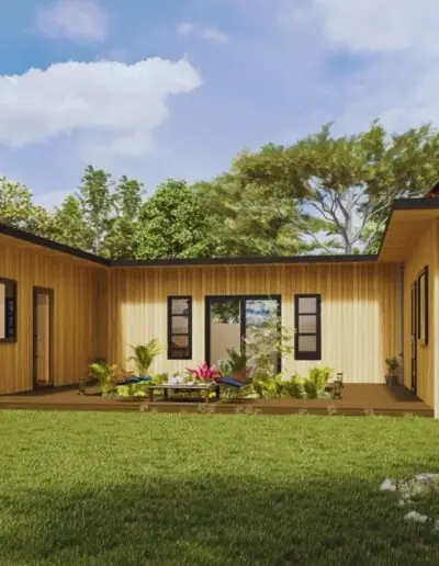 Timber-clad living modules with a large window front beside a lawn