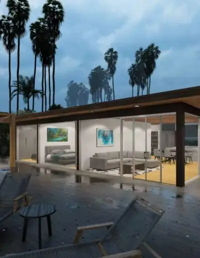 Bright living area with a sofa and open glass doors to the pool terrace