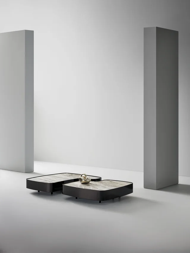 Bonaldo Aspen: Two low tables with irregular pale tops and dark edging · View 1