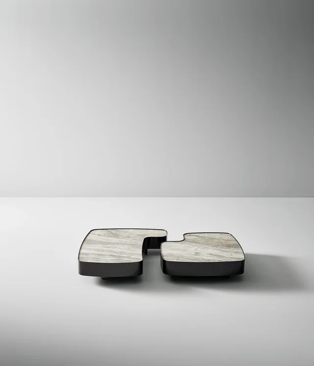 Bonaldo Aspen: Two low tables with irregular pale tops and dark edging · View 2