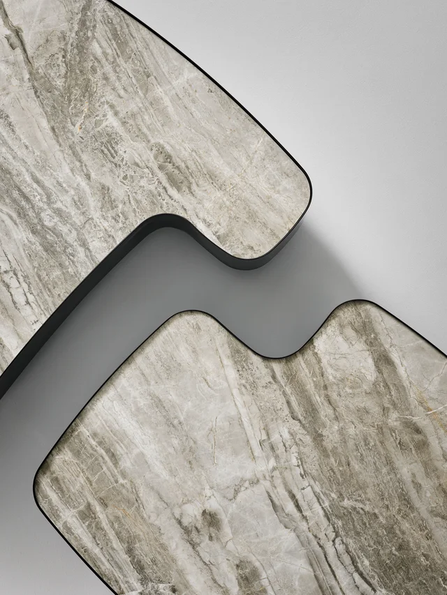 Bonaldo Aspen: Two low tables with irregular pale tops and dark edging · View 5