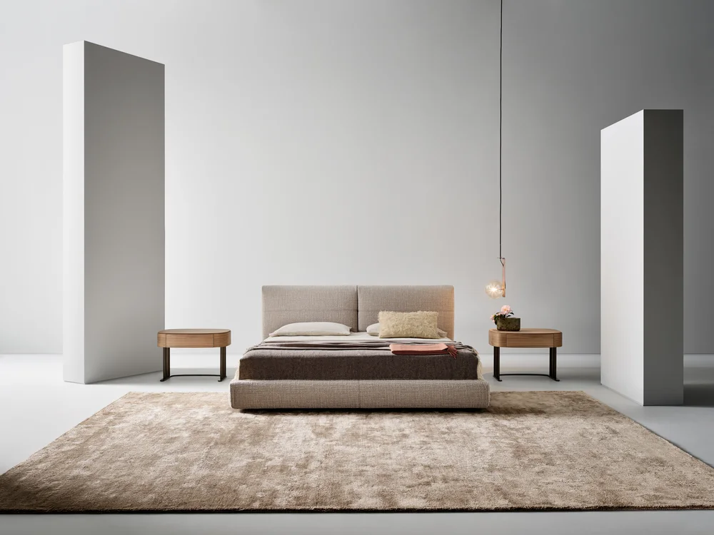 Bonaldo Belloalto Bed: Upholstered bed with a high divided-looking headboard and substantial frame · View 1