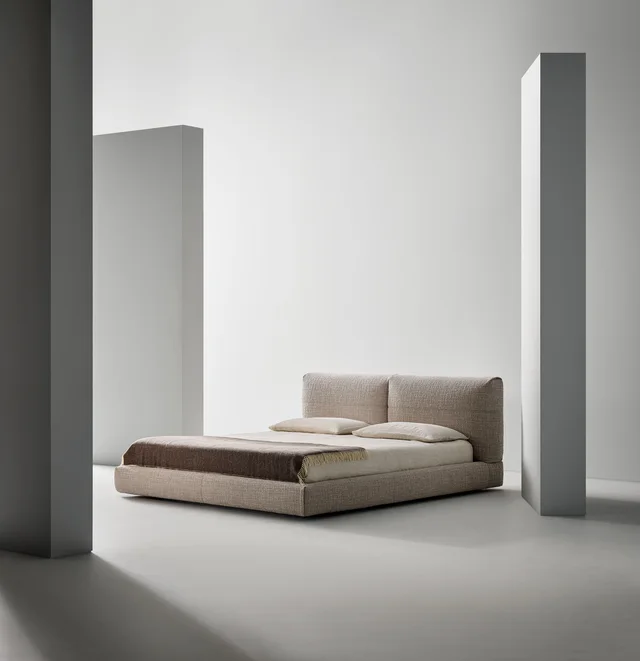 Bonaldo Belloalto Bed: Upholstered bed with a high divided-looking headboard and substantial frame · View 2