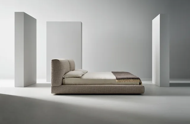 Bonaldo Belloalto Bed: Upholstered bed with a high divided-looking headboard and substantial frame · View 3