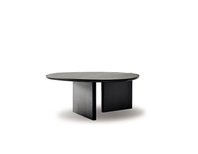 Bonaldo Flatiron table round top: Runder dunkler Tisch mit asymmetrischen flächigen Stützen · Ansicht 4