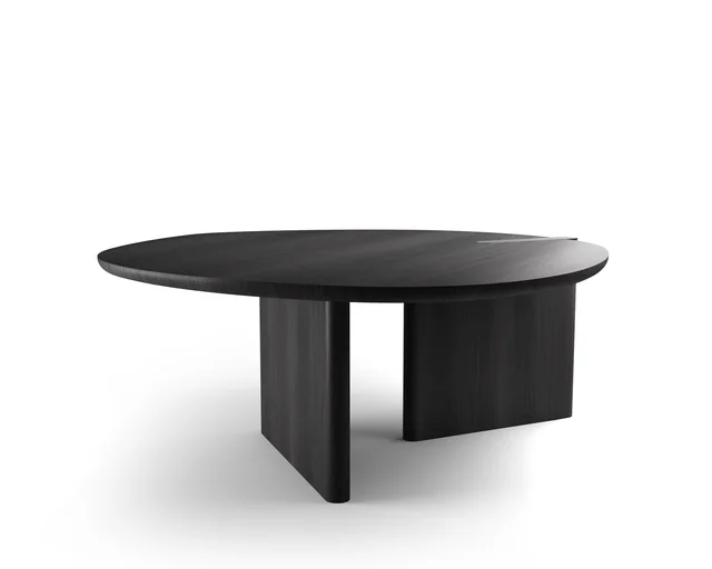Bonaldo Flatiron table round top: Runder dunkler Tisch mit asymmetrischen flächigen Stützen · Ansicht 5
